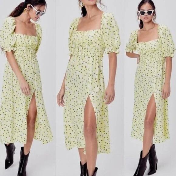 For Love & Lemons Chrysanthemum Midi Dress Lemonade Yellow Size Medium - Picture 1 of 10